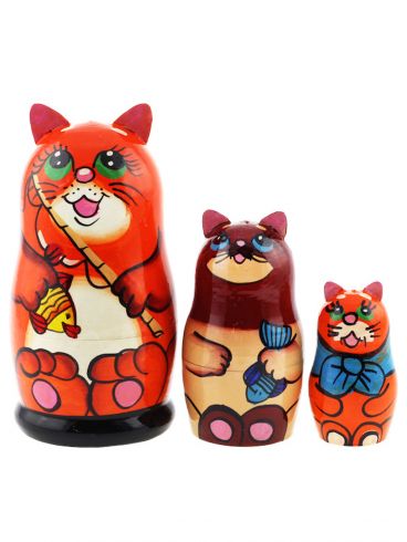 Matryoshka 3 pcs &quot;red cat with a fishing rod&quot;