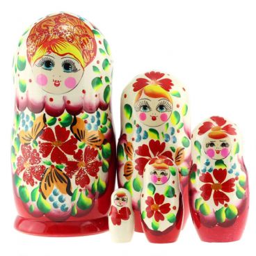 Matryoshka 5 pcs white sundress red