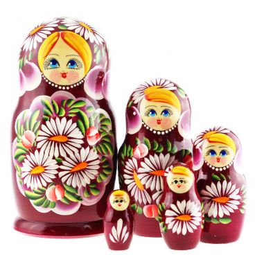Matryoshka 5 pcs blue-eyed maroon with daisies
