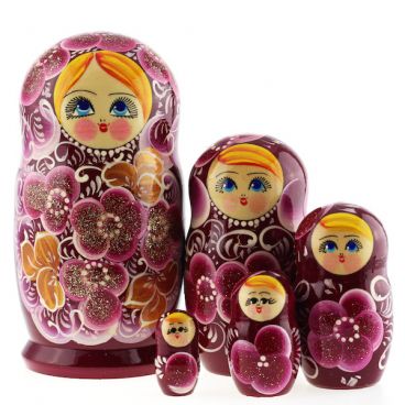 Matryoshka 5 pcs large - blue-eyed burgundy