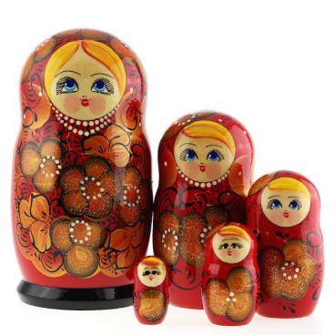 Matryoshka 5 pcs Large - Blue-eyed - Red with Golden Berries
