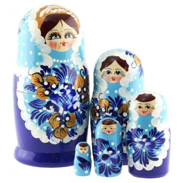 Matryoshka 5 PCs with red and blue polka dot flowers