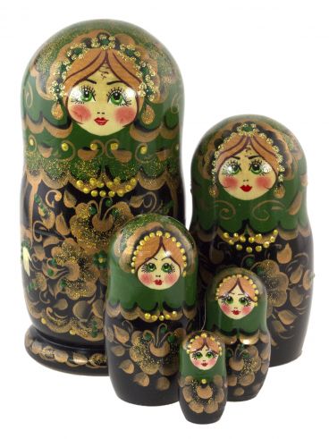 Matryoshka 5 pcs gold bouquet green shawl