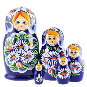 Matryoshka 5 pcs blue-eyed blue with daisies