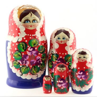 Matryoshka 5 PCs with red and blue polka dot flowers