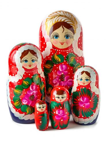 Matryoshka 5 PCs with red and blue polka dot flowers