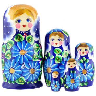 Matryoshka 5 pcs with blue daisies, blue