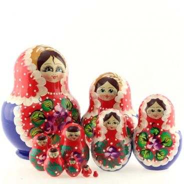 Matryoshka 10 pcs red and blue with polka dots