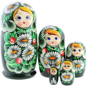 Matryoshka 5 pcs blue-eyed with daisies green
