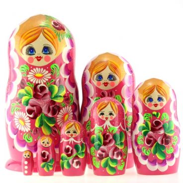 Matryoshka 7 pcs with lace and flower bouket, pink