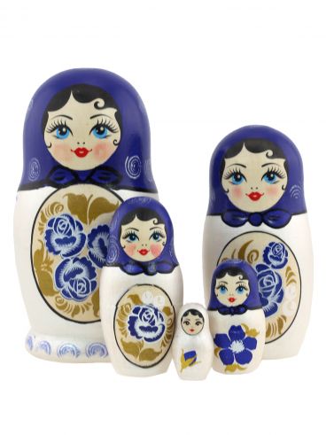 Wooden author&#039;s Matryoshka doll small 5 seats 10.5 cm white background blue rose / souvenir