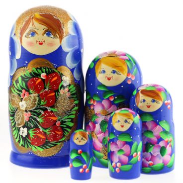 Matryoshka 5 pcs - Medallion with Berries - Blue