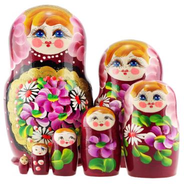 Matryoshka 7 pcs flowers in a gold locket maroon