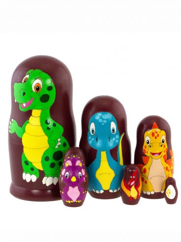 Matryoshka Dinosaurs 6 pcs brown background 15.5 cm