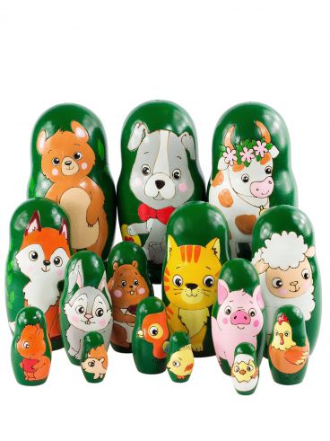 Animals Nesting Doll 3 Sets of 5 pcs Green Background