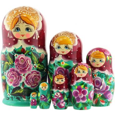 Matryoshka 7 places burgundy-emerald rose