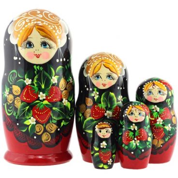Matryoshka 5 seats black shawl with red berries