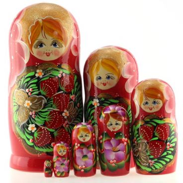Matryoshka 7 pcs Straight - Medallion with Berries Red