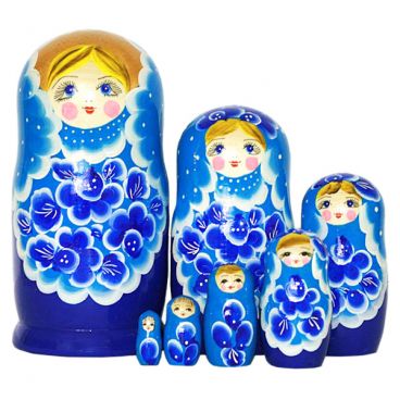 Matryoshka 7 pcs Russian shawl blue