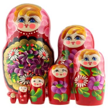 Matryoshka 7 pcs flowers in a gold locket red