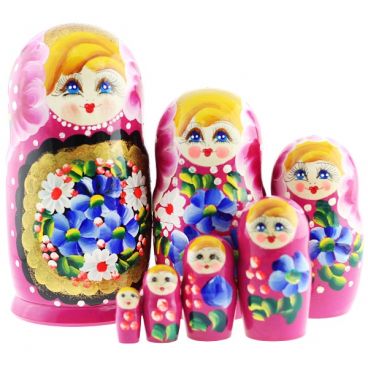 Matryoshka 7 pcs flowers in a gold locket pink
