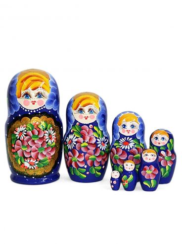 Matryoshka 7 pcs flowers in a gold locket blue