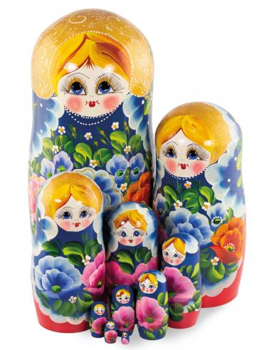 Matryoshka 10 seats blue-red gold kokoshnik
