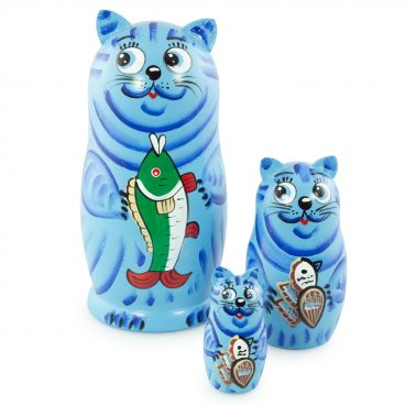 Matryoshka &quot;Cat with fish&quot; blue 3 pcs