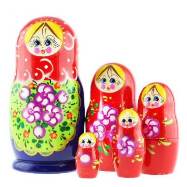 Matryoshka 5 pcs Medium - Red Shawl Yellow Skirt with Flowers