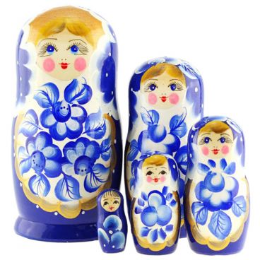 Matryoshka 5 pcs White and Blue flowers