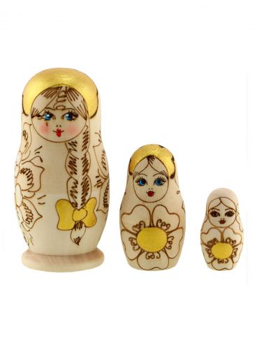 Set Matryoshka Woodburned 3 pcs Braid with bow flowers 5pcs per pack