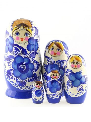Matryoshka 5 pcs in white apron blue