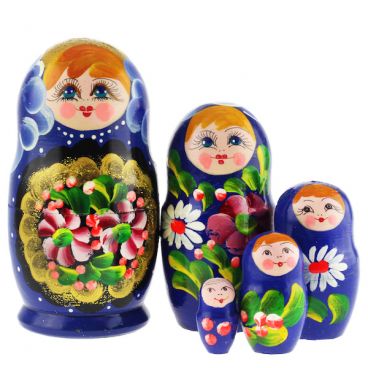 Matryoshka 5 pcs golden medallion blue