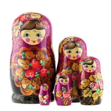Matryoshka 5 pcs golden leaves burgundy