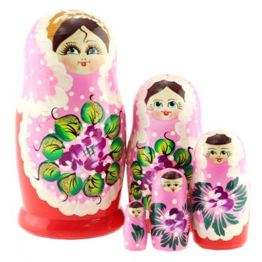 Matryoshka 5 pcs pink with polka dots