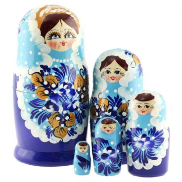 Matryoshka 5 pcs blue with polka dots