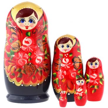 Matryoshka 5 pcs pink roses red dress