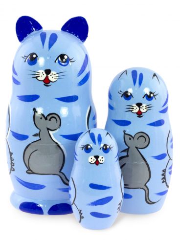 Matryoshka &quot;Cat with mouse&quot; blue 3 pcs