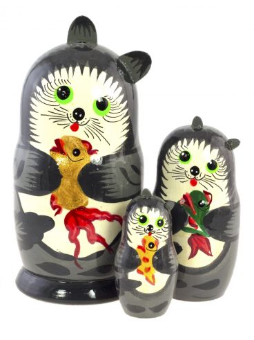 Animal Matryoshka 3 pcs - Grey Cat with Green Eyes with a fish