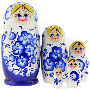 Matryoshka 5pcs flowers white and blue