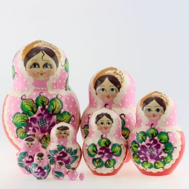 Matryoshka 10 pcs pink with polka dots