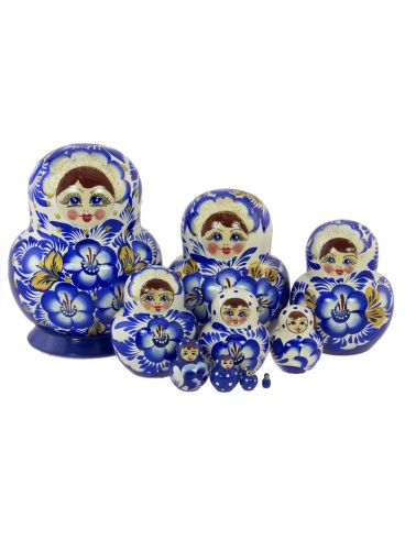 Matryoshka 10 pcs white and blue with blue flowers
