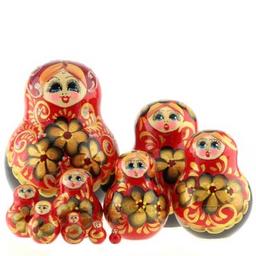 Matryoshka 10 pcs Red dress Golden flowers