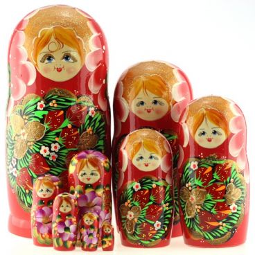 Matryoshka 10pcs Straight - Medallion with Berries Red