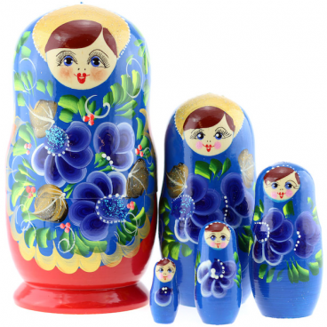 Matryoshka 5 pcs blue sundress flowers red