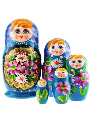 Matryoshka 5 pcs golden medallion - blue