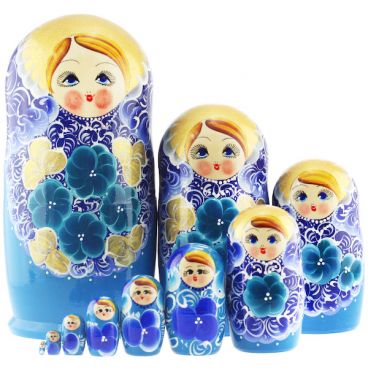 Matryoshka 10 seats blue-blue flowers