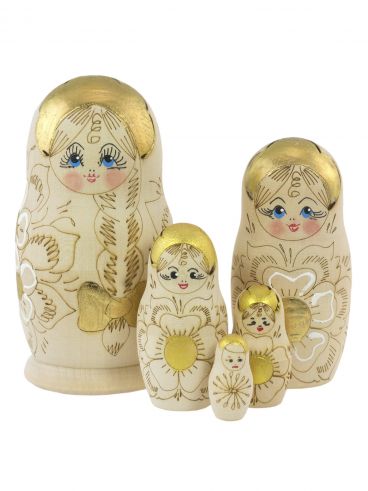 Matryoshka woodburned 5 pcs with golden headdress and braid