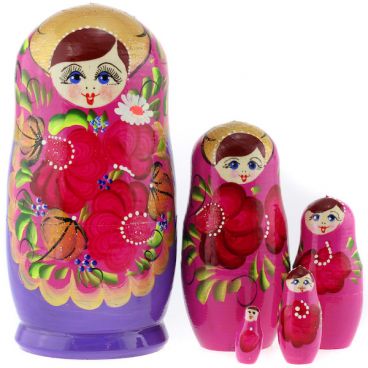 Matryoshka 5 seats pink sundress maroon flowers
