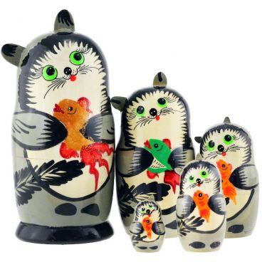 Matryoshka 5 pcs &quot;Grey green-eyed cat with a fish&quot;